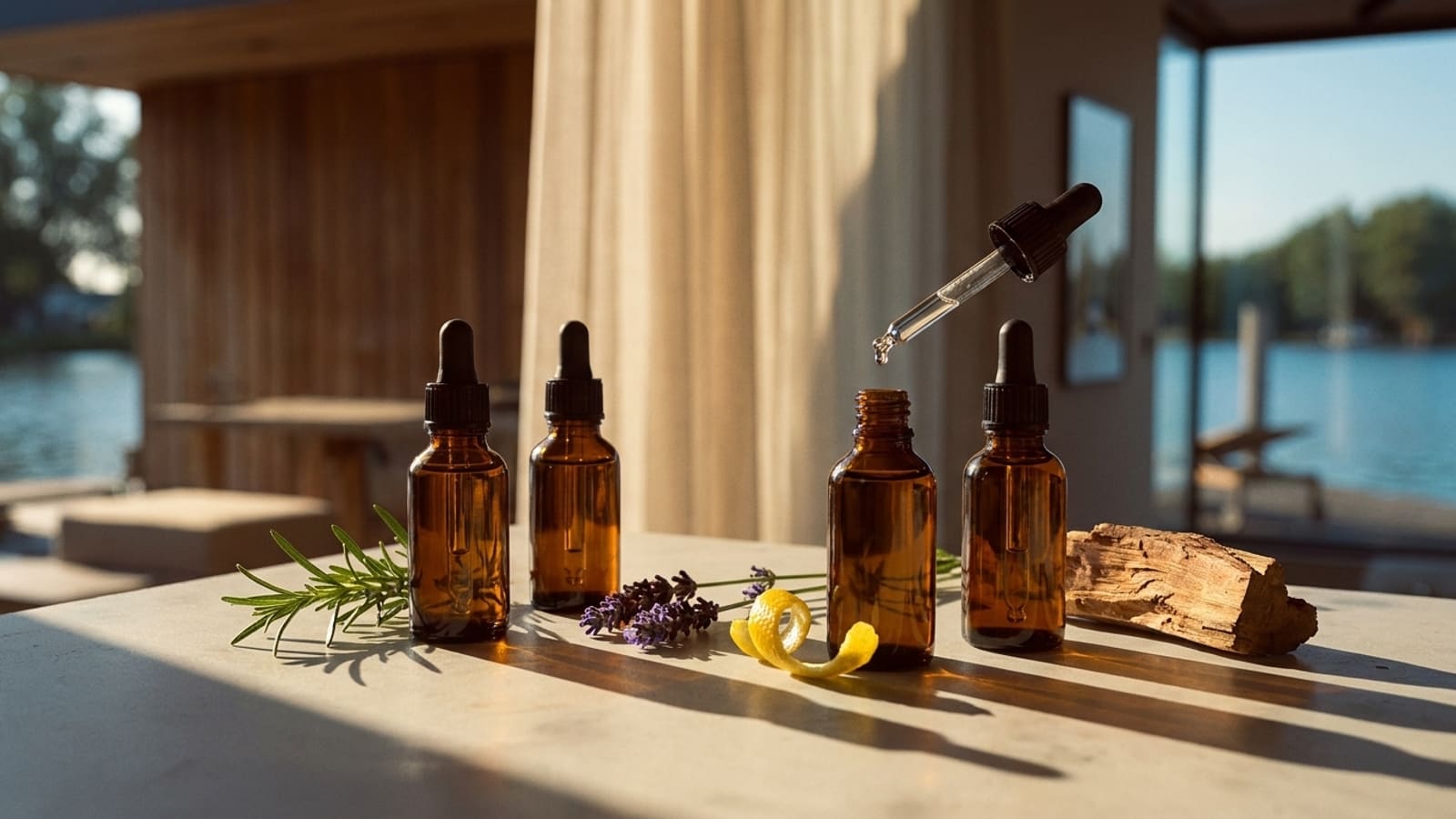 Four amber glass dropper bottles without labels on a pale surface in low sun, one open with a glass dropper held above it releasing a drop, a sprig of rosemary, lavender stems, a curl of lemon peel and a piece of wood beside them, with a sheer curtain and water through the window behind