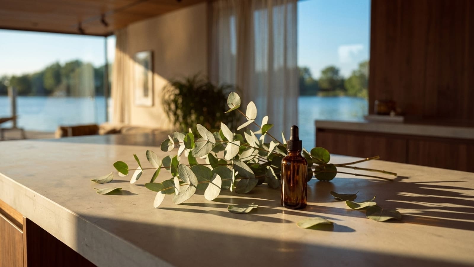 Fresh eucalyptus branches with round grey-green leaves and an unlabelled amber dropper bottle on a pale worktop in low sun, a few loose leaves around them, with sheer curtains and a lake with trees through the windows behind
