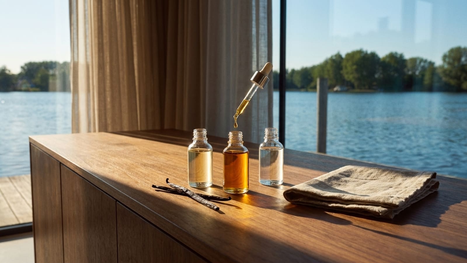 Three small unlabelled glass bottles of oil in pale, amber and clear tints on a wooden sideboard, a glass dropper releasing a drop above the middle one, two vanilla pods and a folded beige cloth beside them, with a sheer curtain, trees and a lake in low sun through the window