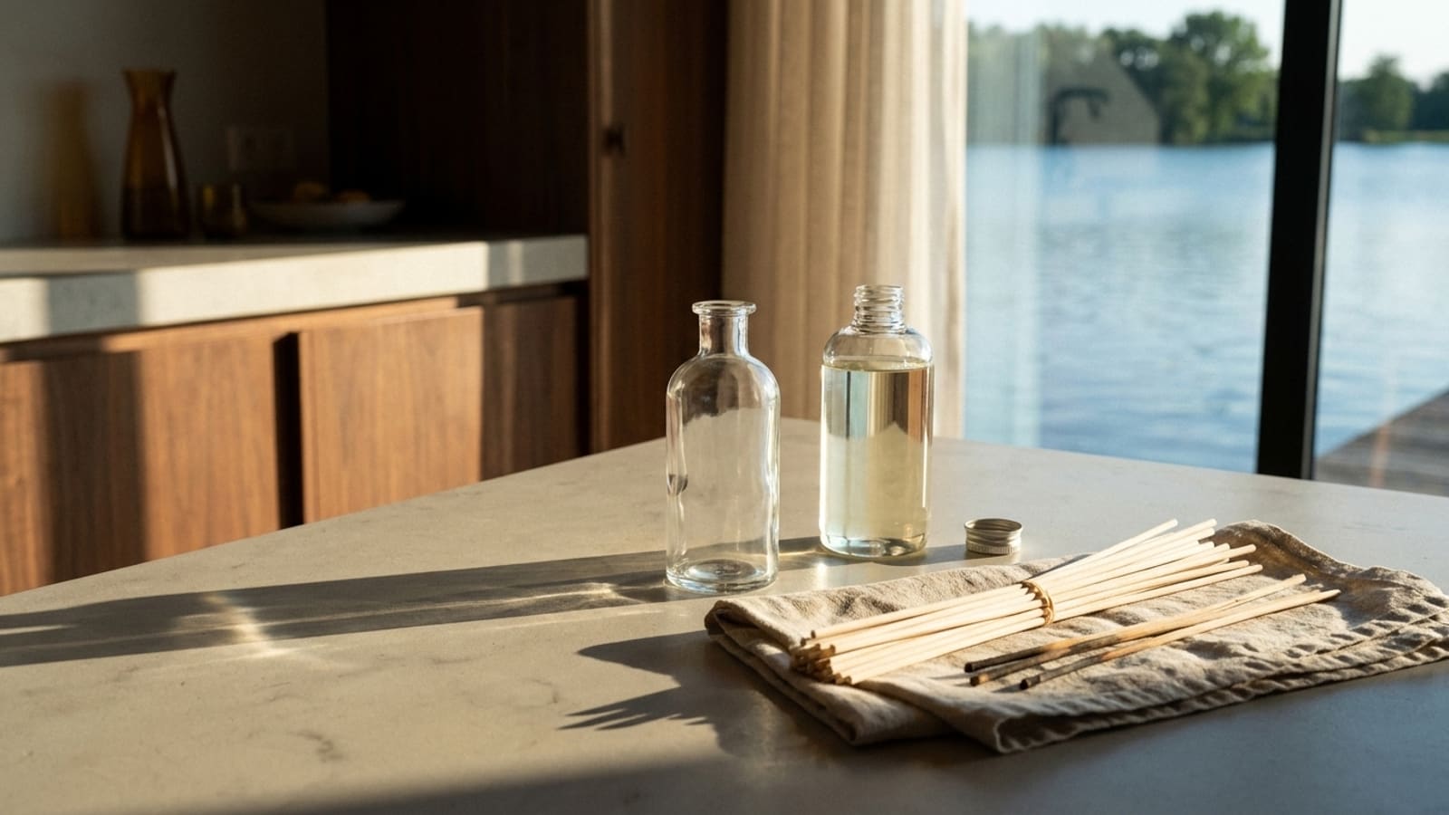 An empty narrow-necked glass bottle and an uncapped glass bottle of pale liquid with its cap beside it on a pale worktop, a bundle of light reeds and a few darkened reeds on a folded cloth, wooden cabinets behind and water through the window in low sun