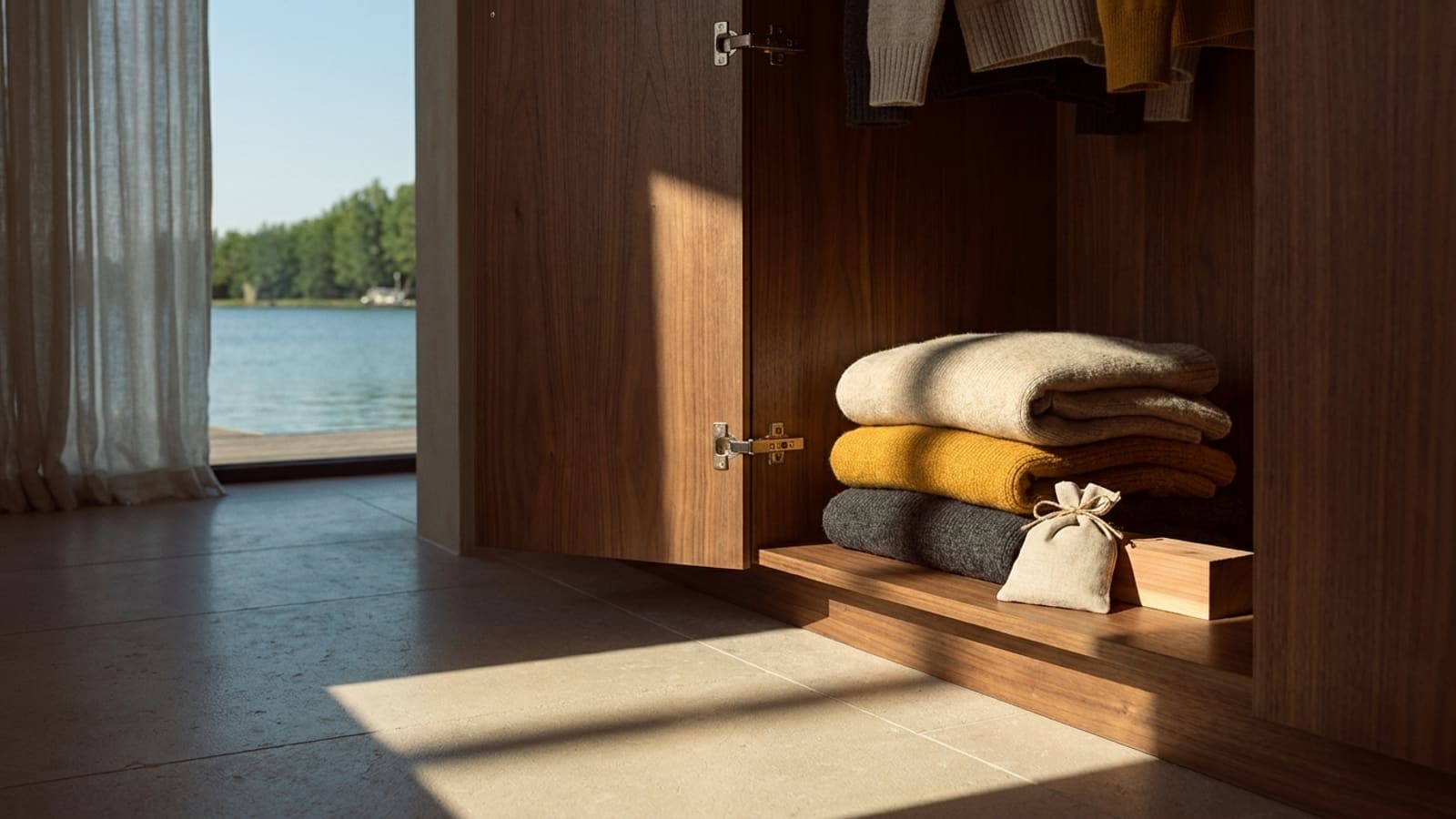 An open wooden wardrobe with three folded jumpers on a low shelf, a small cloth sachet tied with string and a wooden block beside them, low sun across a stone floor and a lake seen through the window
