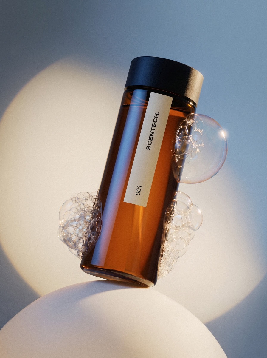A sealed 65 ml Scentech ScentPod standing on a side table in a lamplit room